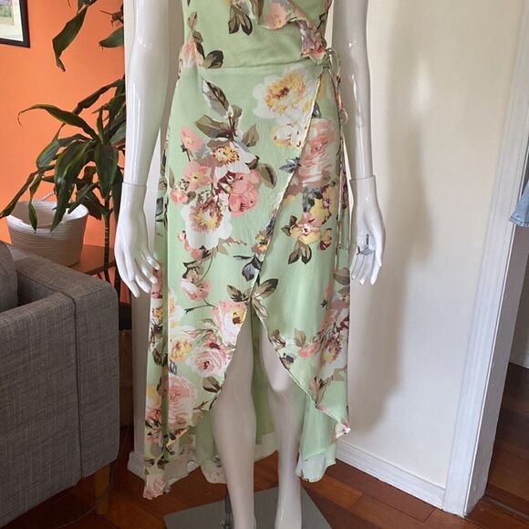Privacy Please Mint Light Green Floral Wrap Ruffle Hi Low Dress Size XS - Picture 4 of 9